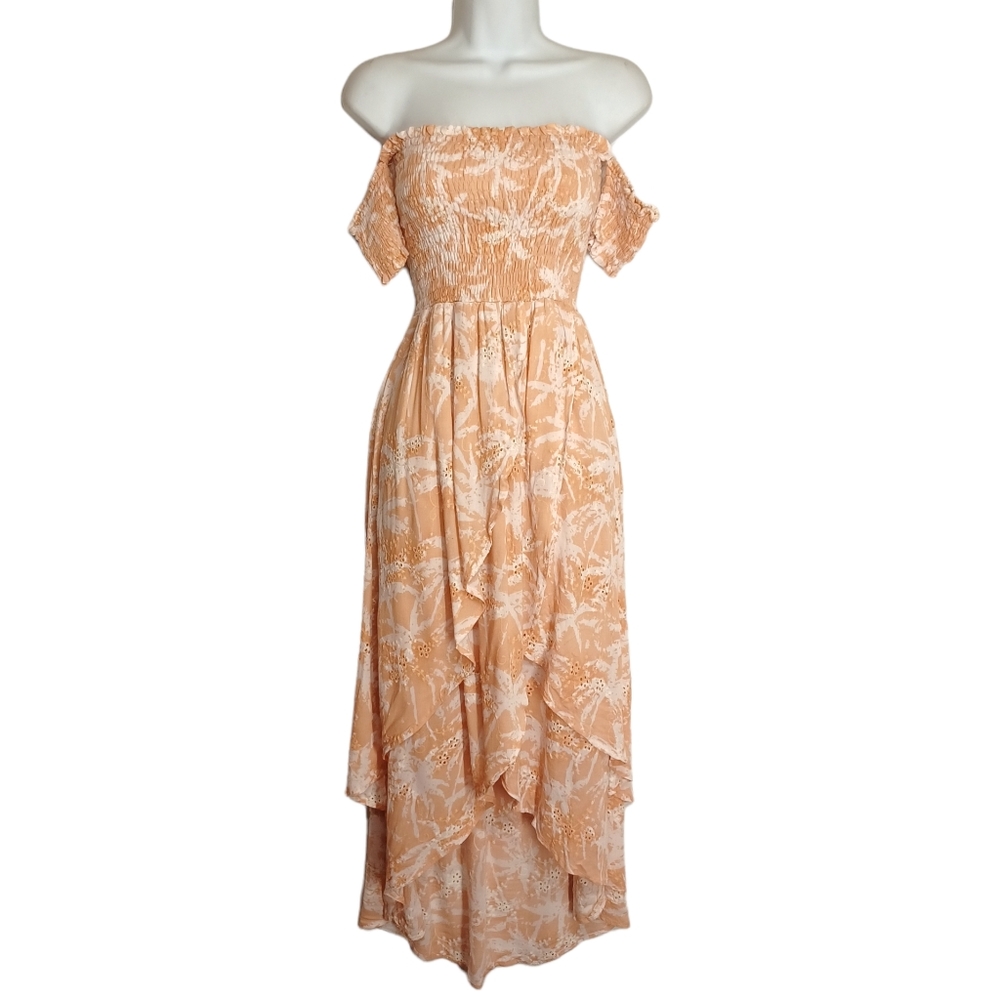 LUCY LOVE Tan Palm Tree White Print Smocked Off Shoulder Barefoot High Low Dress